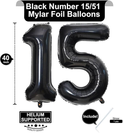 40 Inch Black 15 Number Balloons Giant 15 Balloons Black Birthday Balloons 15th - Image 2