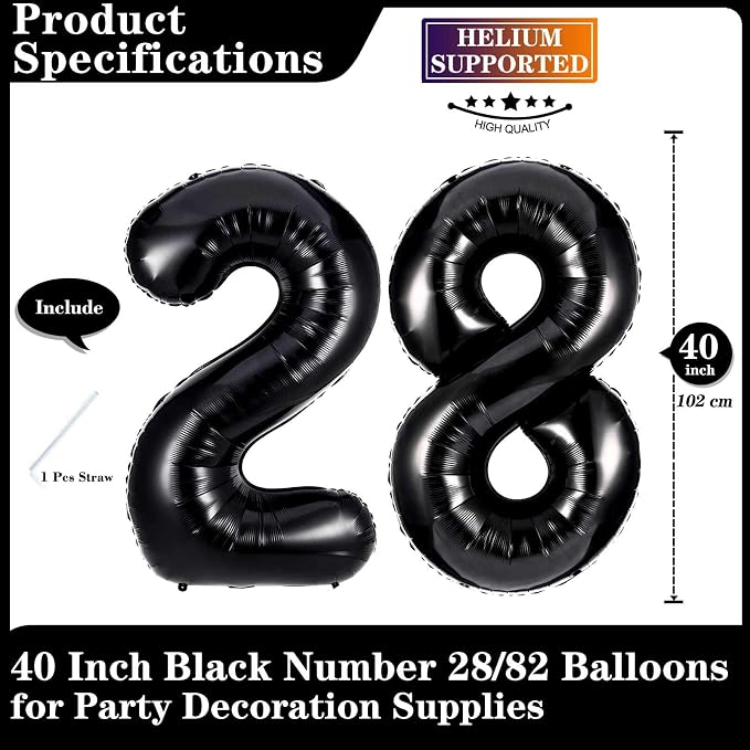 Black 28 Number Balloons, 40 Inch Giant Number 28 Balloons Foil Mylar Helium - Image 2