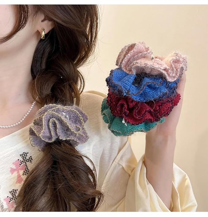 2 Pcs Soft Fabric Scrunchies for Hair,3.9 inch Medium Elastic Hair Ties Ropes Crochet Knit Silky Scrunchie for Women-Pink