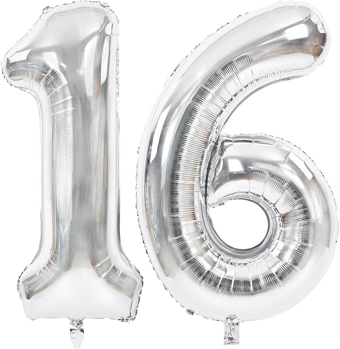 TONIFUL 40 Inch Silver Number 16 Balloons Large Foil 16th Birthday Decor | by TONIFUL