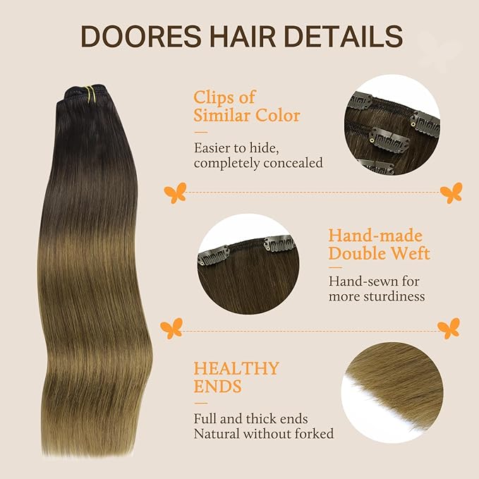 DOORES Human Hair Extensions Clip Ins, Chocolate Dip Color Melt 22 Inch 7pcs 120g, Clip in Hair Extensions Remy Natural Hair Extensions Thick Silky Straight Hair