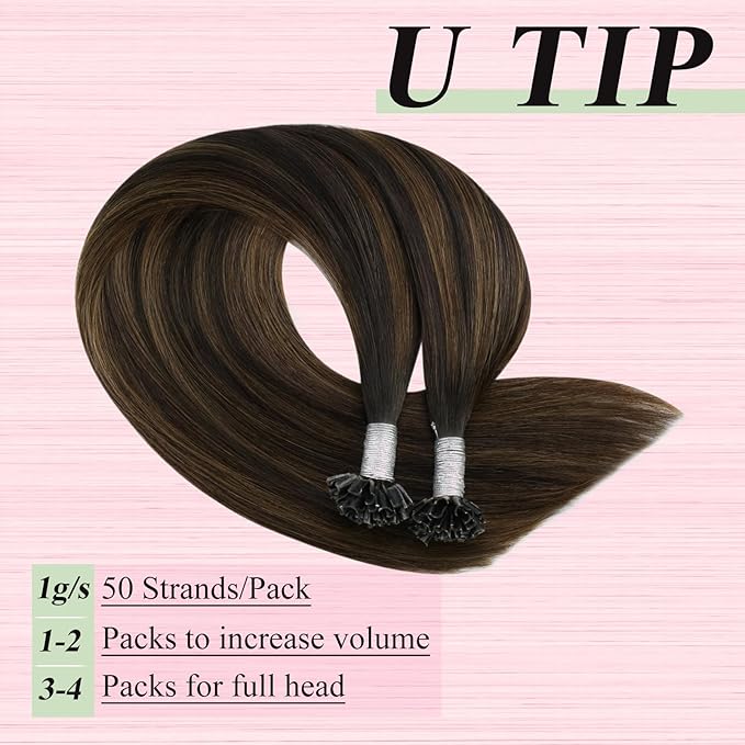 YoungSee U Tip Hair Extensions Darkest Brown Balayage 18IN Utip Hair Extensions Human Hair Ombre Darkest Brown with Medium Browns Fusion Hair Extension K Tips Hair Extension Real Human Hair 50G 50s