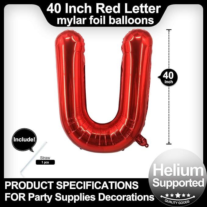 40 Inch Red Letter U Balloons, DIY Phrase Foil Alphabet Letter U Balloons DIY - Image 2