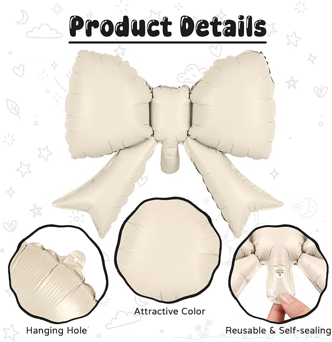 Cream 4 Balloons with Bow Balloons, 40 Inch Giant Self Inflating Beige Foil - Image 4