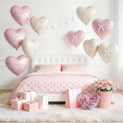 Pink White Heart Balloons with Ribbon Bow, 18In Pastel Nude Light Rosa Helium - Image 6