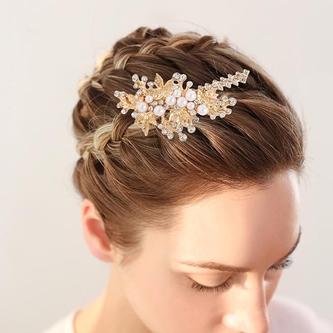 4PCS Gold Rhinestone Pearl Hair Clips, Wedding Bridal Leaf Hair Barrette, Sparkly Glitter Hair Pins Accessories for Women and Girls (Gold)