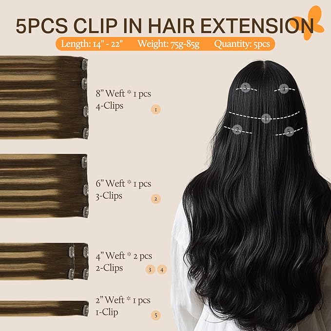 DOORES Clip in Human Hair Extensions, 5pcs 85g 22 Inch Balayage Chocolate Brown to Caramel Blonde Hair Extensions Clip in Silky Straight Natural Hair