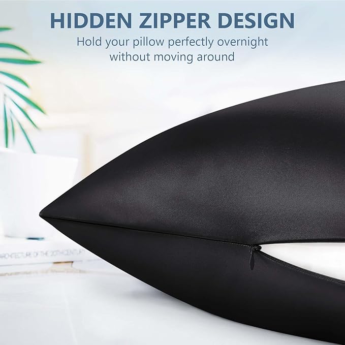 Silk Pillow Cases Standard Size 100% Mulberry Silk Pillowcase for Hair & Skin 22 Momme Both Sided Grade 6A Silk Cooling Soft Breathable 20 x 26 Inches with Hidden Zipper 1PC, Black