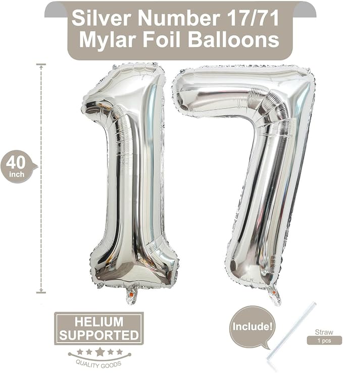 40 Inch Silver 17 Number Balloons Giant 17 Balloons Silver Birthday 17 Balloons - Image 2