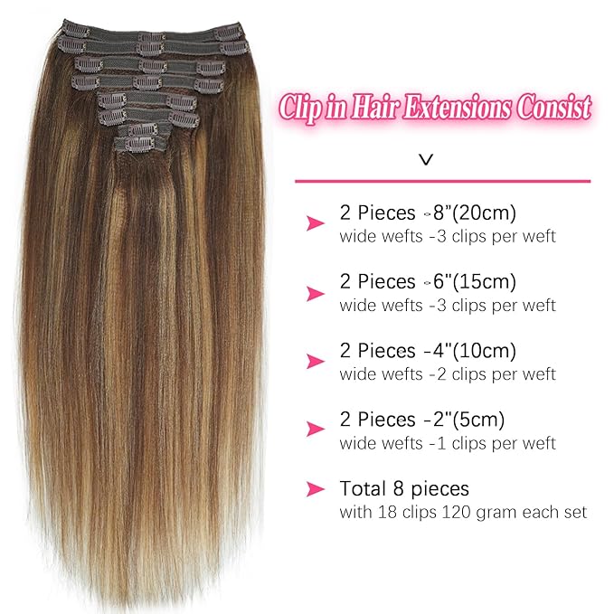 #4/27/4 Highlight Yaki Straight Clip in Hair Extensions Real Human Hair Omber Clip ins For Women Yaki Straight Clip on Hair(12inch,#4/27/4)