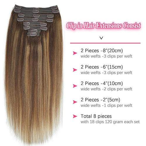 #4/27/4 Highlight Yaki Straight Clip in Hair Extensions Real Human Hair Omber Clip ins For Women Yaki Straight Clip on Hair(12inch,#4/27/4)