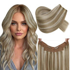 RUNATURE Secret Wire Hair Extensions, Invisible Human Hair Extensions with Transprent Fish Line Extensions, Straight Remy Natural Hair for Women, Tangle-free, 12 Inch 70g #8P24 Brown Highlight Blonde