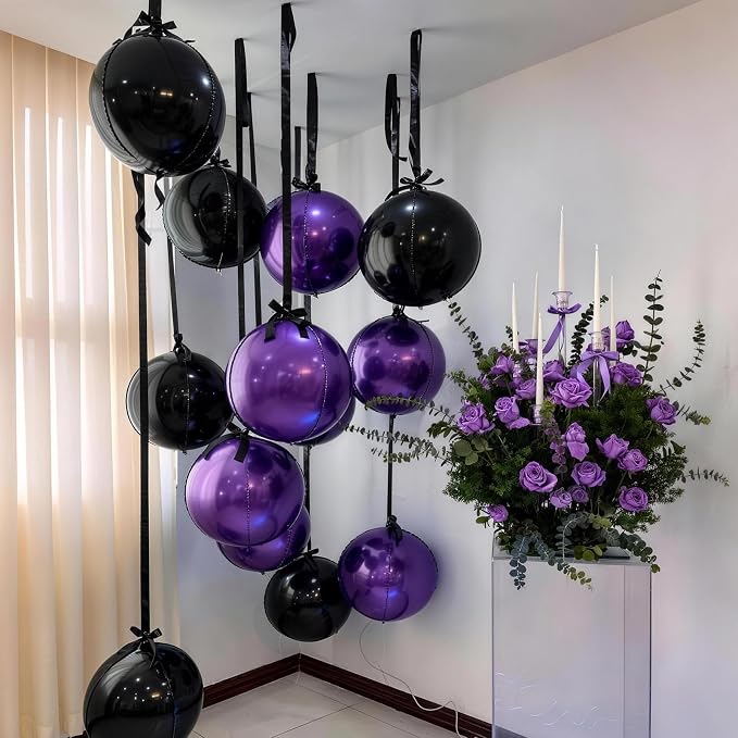 9 Pcs Black Purple Round Foil Balloons Black Metallic Dark Purple Chrome 4D - Image 6