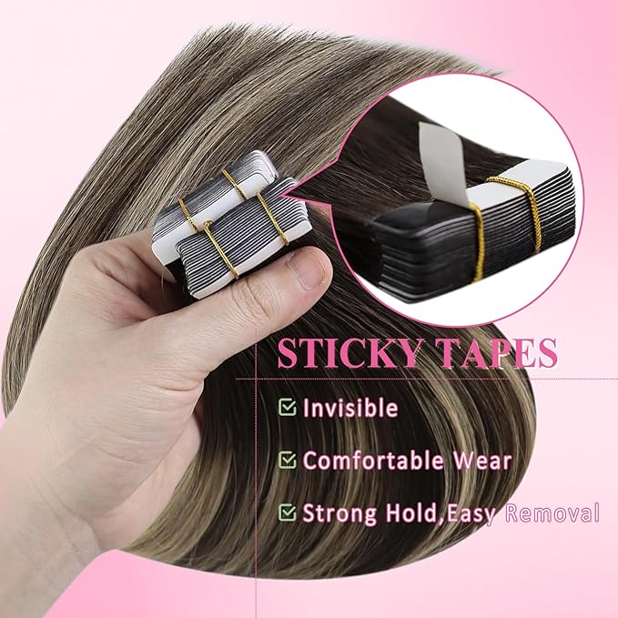 YoungSee Tape in Hair Extensions Human Hair Balayage Tape in Hair Extensions Dark Brown with Ash Blonde Balayage Hair Extension Tape-in Natural-Looking Haifor Girl 16In 20pcs 50g