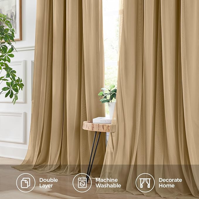 100% Blackout Curtains for Bedroom, Double Layer Khaki Curtains, Room Darkening - Image 6