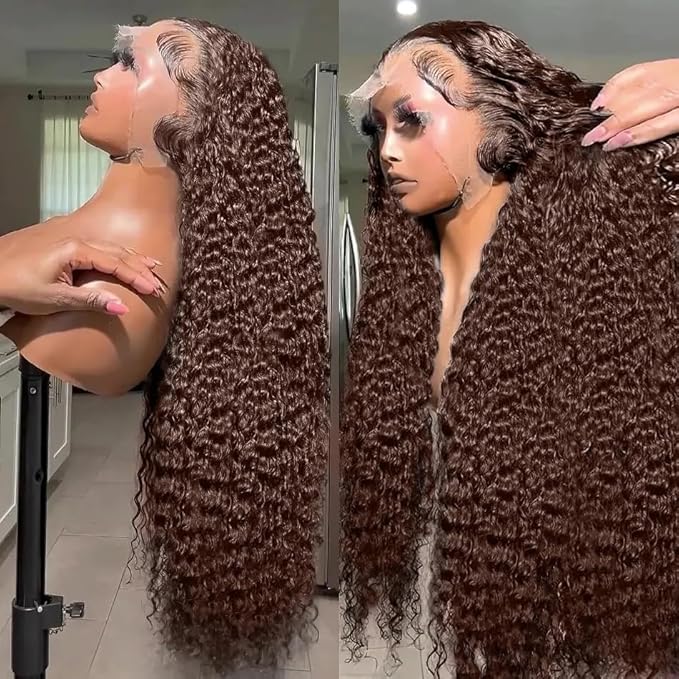 30 Inch Lace Front Wig Human Hair, 250% Density SKINLIKE Real HD Lace Wig 13x6 Full Frontal 0.10mm Ultra-thin Pre-Plucked Bleached Knots Invisible Lace Chocolate Brown Deep Wave Human Hair Wigs