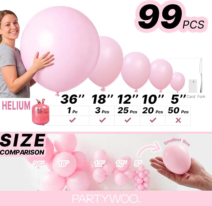 PartyWoo Light Pink Balloons 99pcs Different Sizes of 36 18 12 10 5 Inch Pastel - Image 6