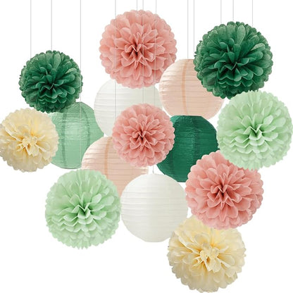 Sage-Green Pink Party-Decorations Paper-Flowers Lanterns by Hugfond