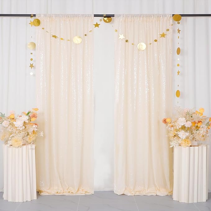 ShinyBeauty Ivory Sequin Backdrop 2 Pieces Photograph Backdrops 7FTx7FT Beige - Image 2