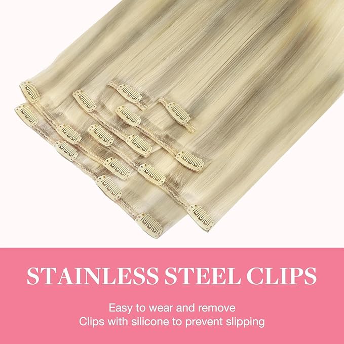 GOO GOO Clip in Hair Extensions Real Human Hair, Remy Human Hair Extensions Clip ins for Women, Natural Human Hair, 26 Inch 180g 7Pcs, 17/22/60 Balayage Ash Blonde to Golden Blonde and Platinum Blonde
