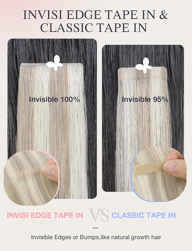 DOORES Invisi Edge Hair Extensions Tape in, Ash Blonde Highlighted Platinum Blonde 10 Injection Tape-ins with 10 Classic Tape-ins 50g 16 Inch, Injection Tape in Virgin Human Hair