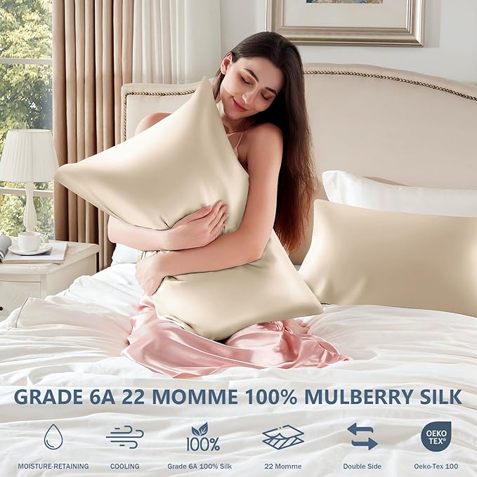 Silk Pillow Cases Queen Size 100% Mulberry Silk Pillowcase for Hair and Skin 22 Momme Both Side Grade 6A Silk Cooling Soft Breathable 20 x 30 Inches with Hidden Zipper 1PC, Beige