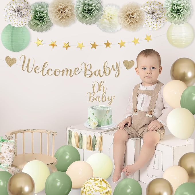 Amandir Sage Green Baby Shower Decorations Welcome Baby Banner | Green Balloons - Image 5