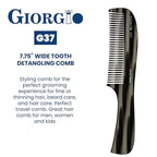 Giorgio G37 Large Coarse Detangler Comb, Wide Teeth for Thick, Curly, or Wavy Hair – For Wet and Dry Use, Handmade Rake Saw-Cut from Polished Cellulose (Black Graphite)