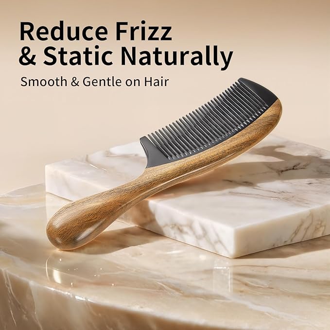 Onedor Handmade Buffalo Horn and Sandalwood Hair Combs - Anti-Static Natural Scent Wooden Detangler (Fine Tooth)