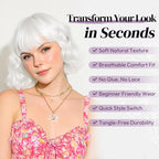 BARSDAR Short Wavy White Wig with Bangs - Short White Bob Wigs for Women - Curly Wavy Textured French Bob Wig with Bangs Soft Synthetic Natural Looking Face-Framing Daily Party Halloween
