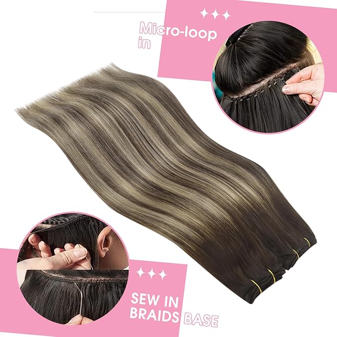 YoungSee Sew in Hair Extensions Balayage Hair Weft Extensions Chocolate Brown with Ash Blonde Balayage Human Hair Extensions Sew in Thick Remy Hair 14Inch 100G
