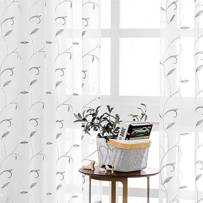 White Sheer Curtains Grey Embroidered Leaves 2 Panels 54Wx84L | Light Filtering by VISIONTEX