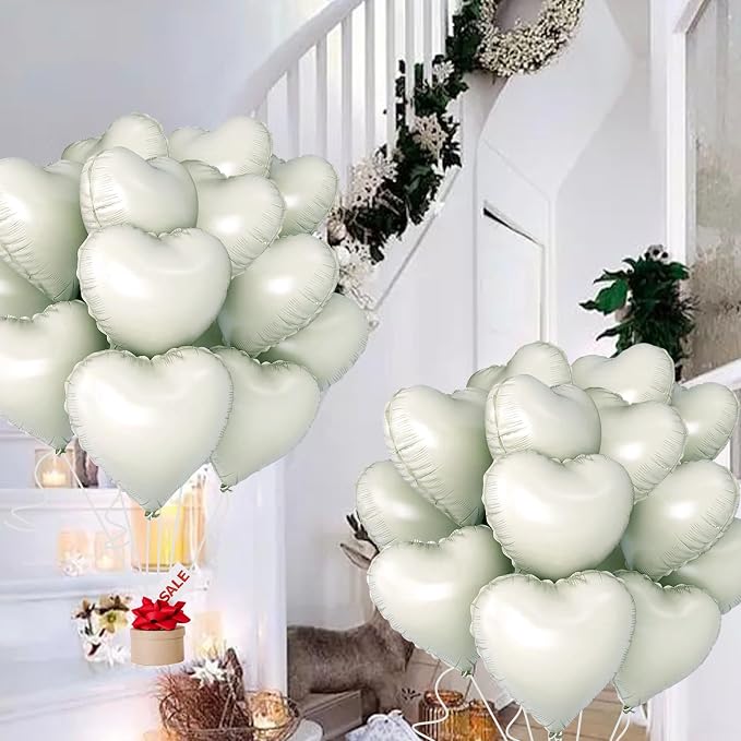 White Heart Ballloons, 18 Inch Foil Love Heart Shaped Balloons 12Pcs Creamy - Image 6
