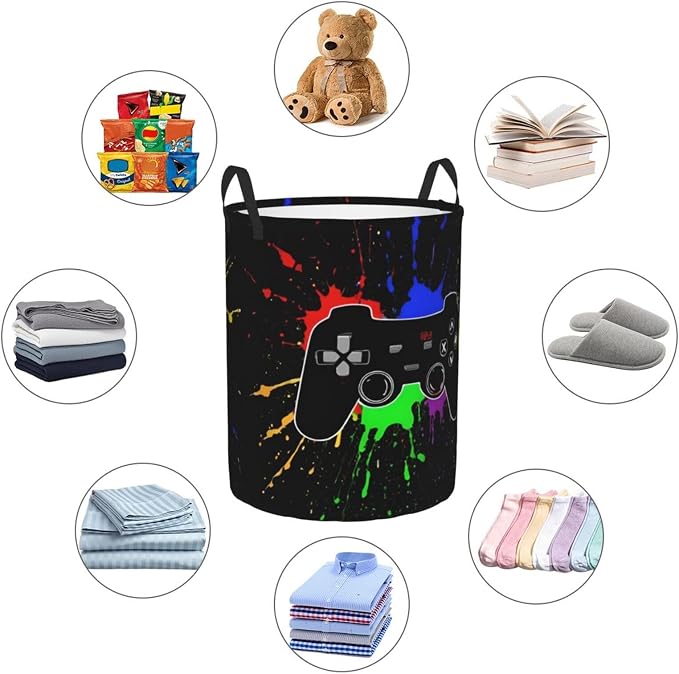 Gaming Theme Round Laundry Hamper Game Joystick Storage Basket Toys Clothes - Image 9