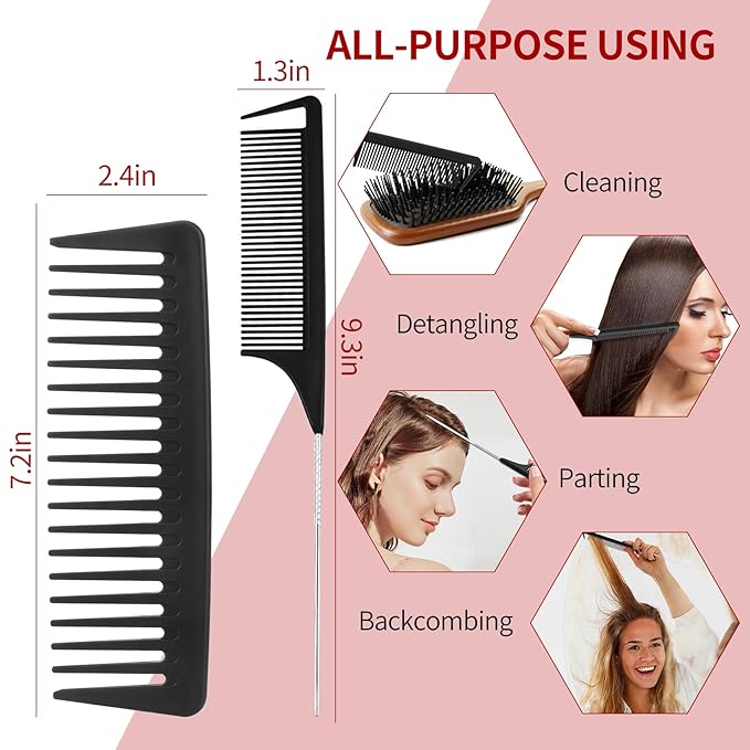 hair Brush Set for Afro America/African Hair, Textured 3a to 4c -Detangler Brush,9 row hair brush,Wide Tooth Comb,Rat Tail Comb (Black)