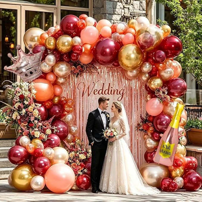 Burgundy Pink Balloon Arch Double Stuffed Dark Red Pink Gold Pearl Balloons - Image 2