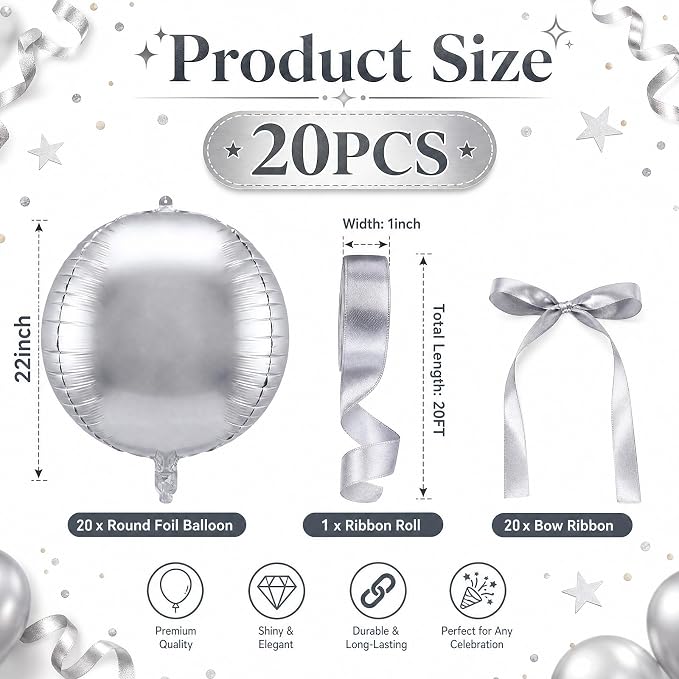 20 Pcs Metallic Silver Foil Balloons Giant 22 Inch 4d Round Metallic Balloons - Image 2