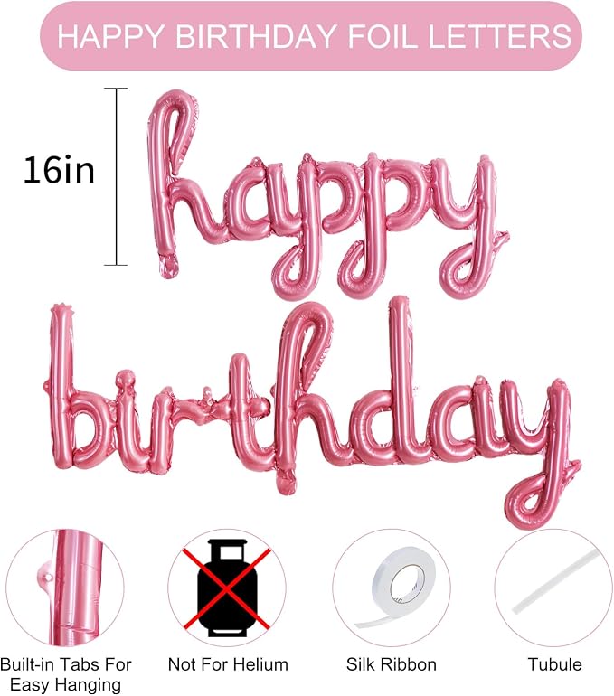 TONIFUL 16 Inch Pink Cursive Happy Birthday Balloons Banner Decorations | - Image 2