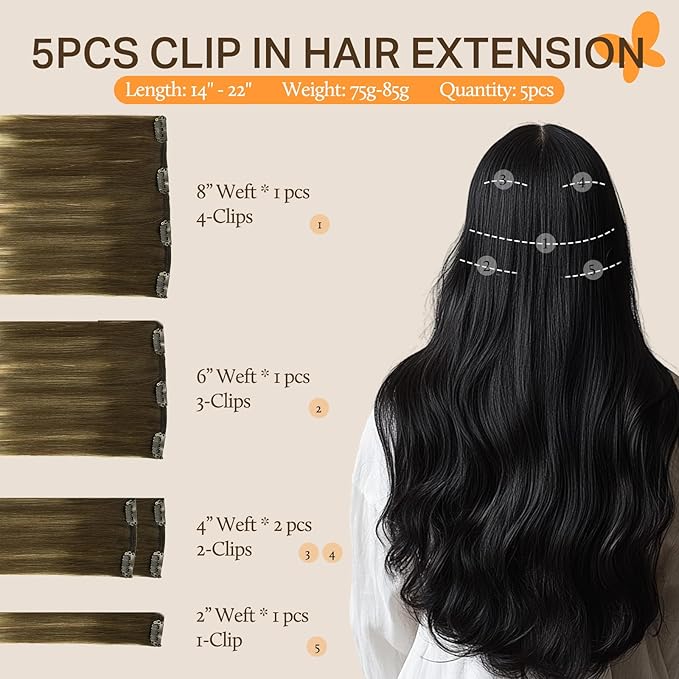 DOORES Hair Extensions Clip Ins Human Hair Extensions, 5pc 75g 16 Inch Balayage Walnut Brown to Ash Brown and Bleach Blonde Clip in Hair Extensions Real Human Hair Natural Straight