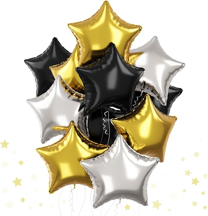 Black Gold Star Foil Balloons, 18 Inch 12Pcs Silver and Black Pentagram by TAOYE