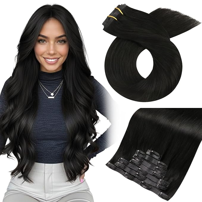 Moresoo Invisible Seamless Clip in Hair Extensions Human Hair Remy Natural Black Clip ins Human Hair Straight Can Style #1B Natural Black to Add Length Pu Weft Invisible 120g/7pcs 20inch