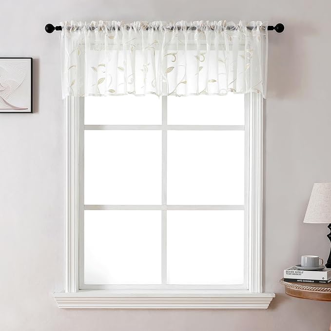 Kitchen Sheer Cafe Curtains Embroidered Leaves Beige 54Wx16L | Light Filtering by VISIONTEX