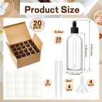 Tessco for you 20 Pack 3.4 oz Glass Dropper Bottles with Glass Eye Droppers for Essential Oils, Empty Oil Bottles with Funnel, Labels and Pipette for Hair Oils Perfume Cosmetic Travel(Clear)