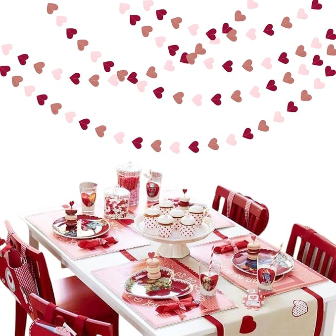 Burgundy-Red Rose-Gold Valentines Party-Decorations Heart-Garland - 52ft Pink - Image 6