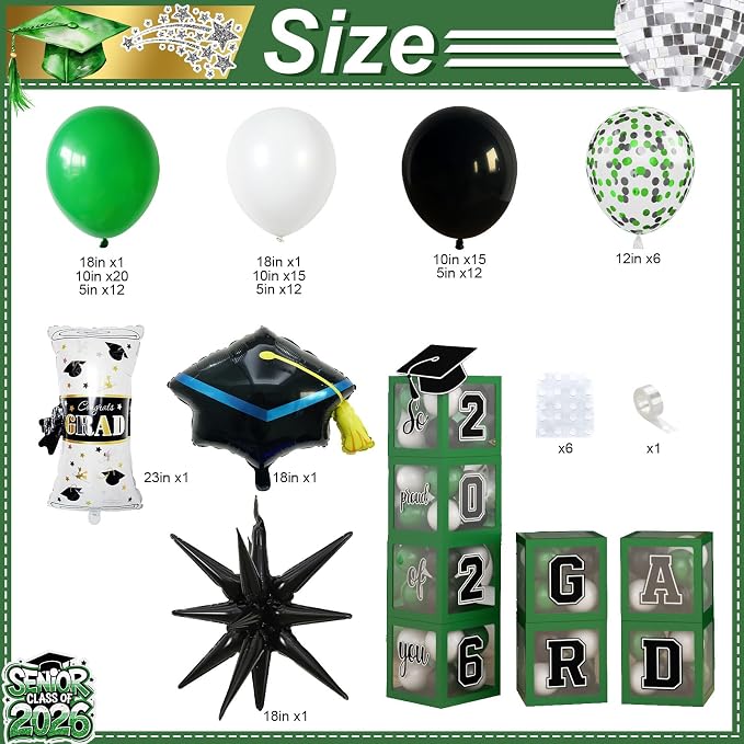 Congratulations Graduation Decor Class of 2026 Green and Black Balloons Arch kit - Image 2