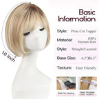 EMMOR Human Hair Toppers for Women Short Bob Real Hair with Bangs 10" Side Part Hairpieces for Women with Thin Hair 6.5" × 6.5" Larger Base Human Wig Toppers(Ombre Blonde & Brown Highlight)