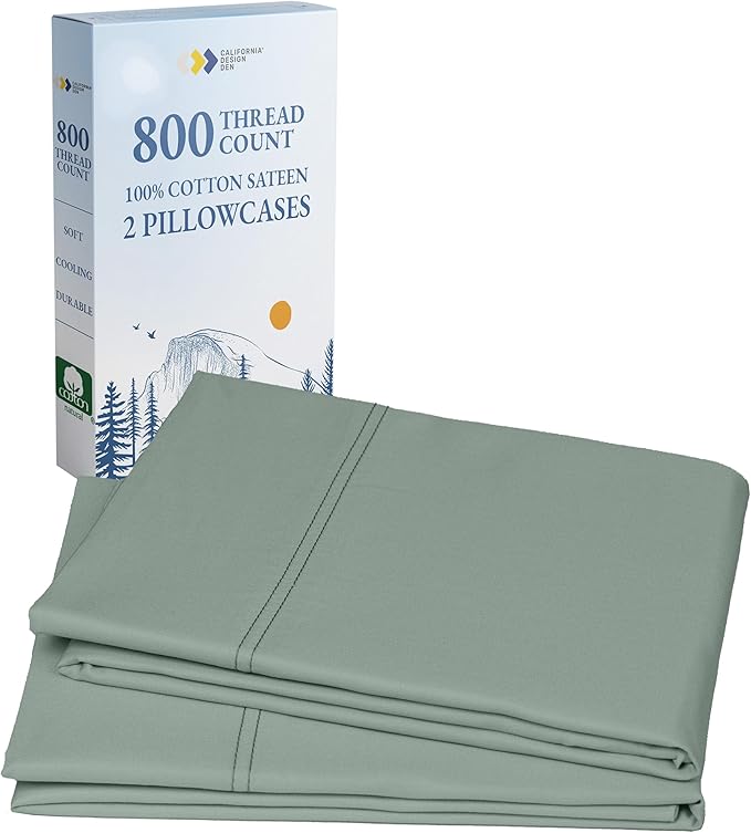 California Design Den King Size Pillow Cases Set of 2 - Luxuriously Soft and Thick 800 Thread Count, Smooth Sateen, Natural 100% Cotton Pillow Cases King, Durable - Sage Green