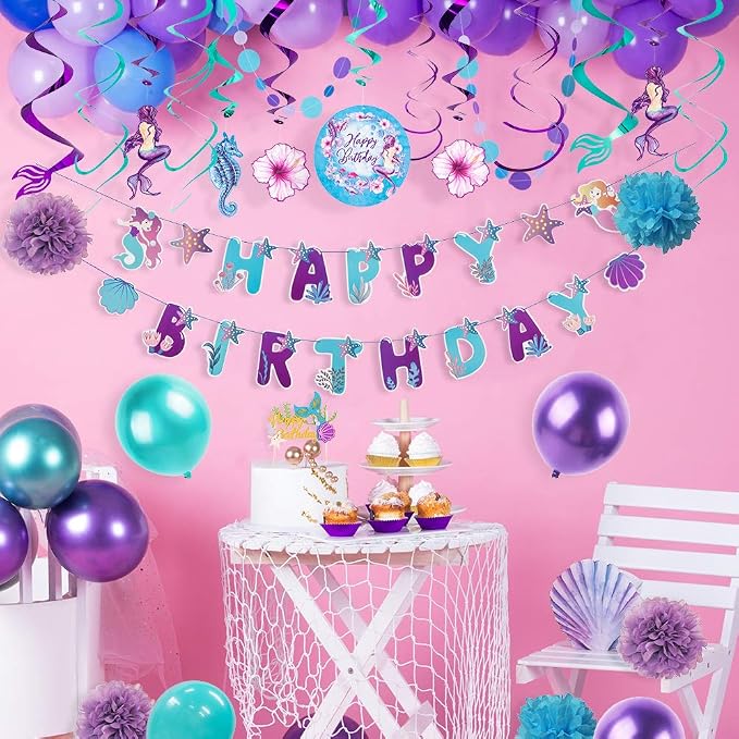 SUNBEAUTY Mermaid Happy Birthday Banner Little Mermaid Theme Birthday - Image 6