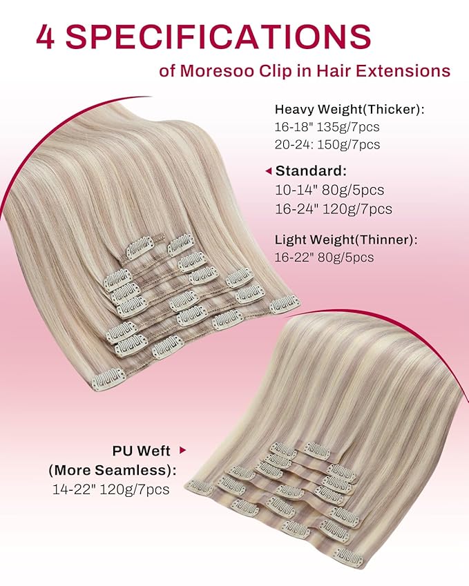 Moresoo Seamless Clip in Hair Extensions for Wome Real Human Hair Blonde Highlight Remy PU Weft Human Hair Clip in Extensions Bleach Blonde with Cool Ash Blonde with A Hint of Pink 7pcs 120g 22Inch