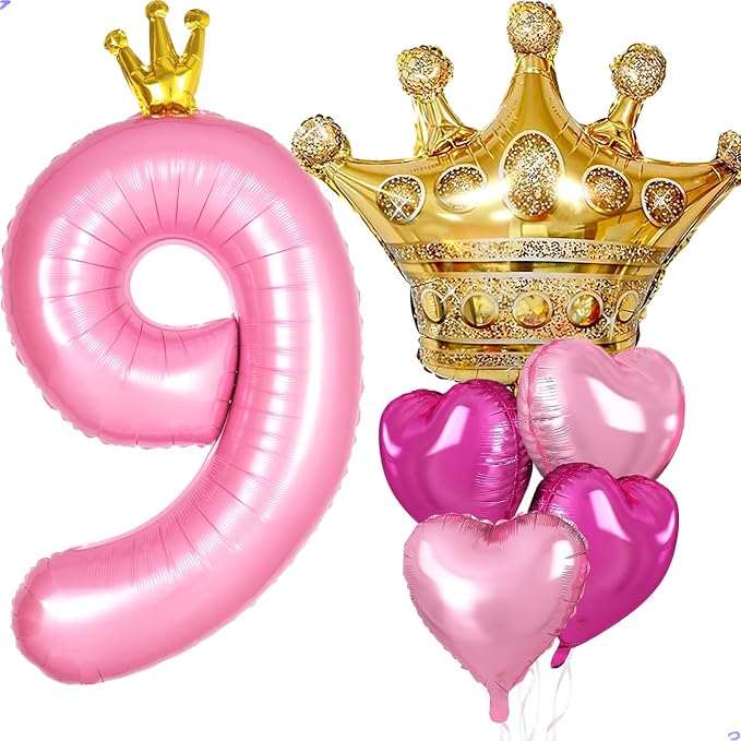 Princess 9th Birthday Party Decorations, 40 inch Large Pink Crown 9 Balloon by Unknown